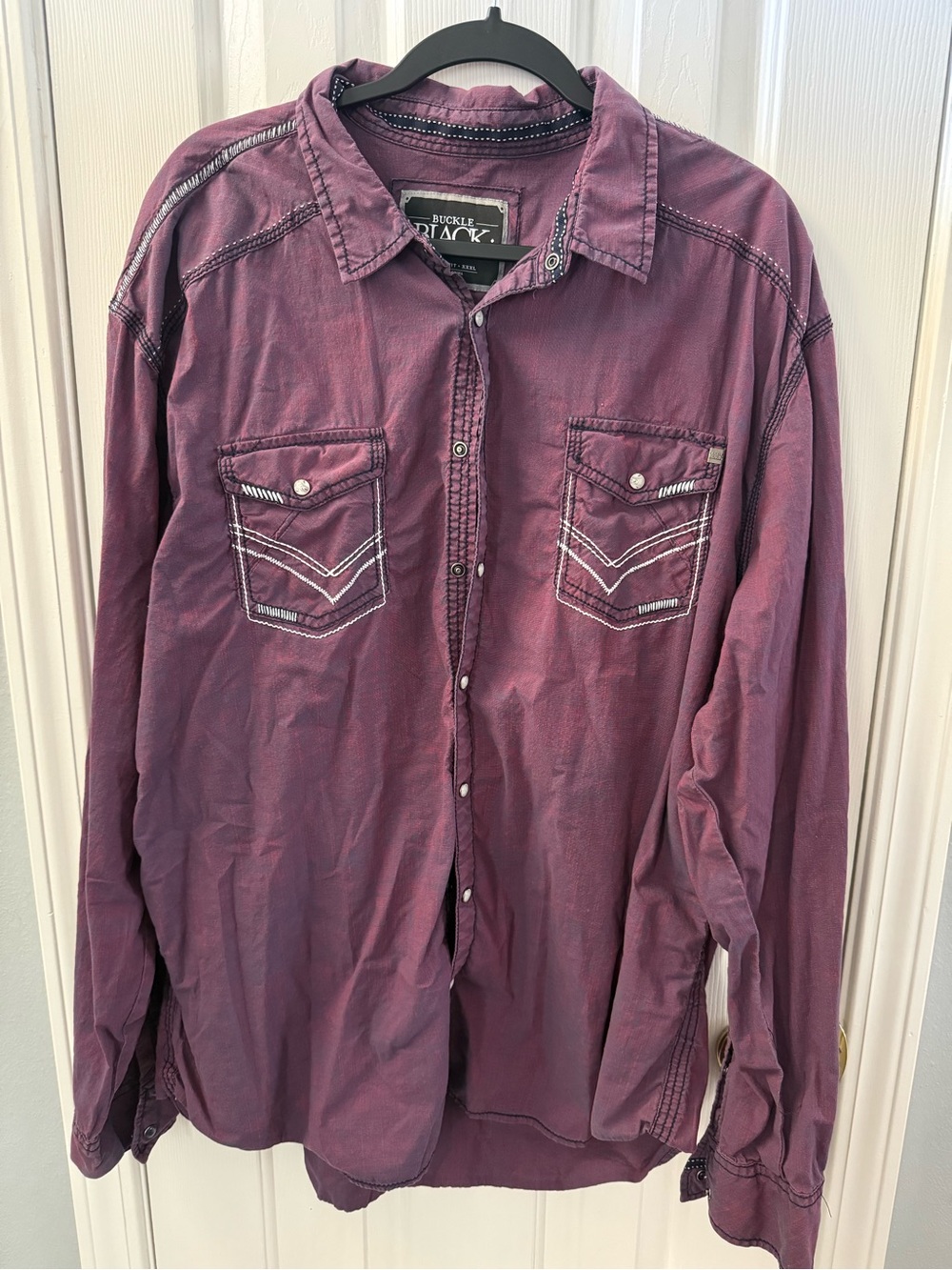 Buckle Men's Plum Button-Down Shirt with Contrast Stitching